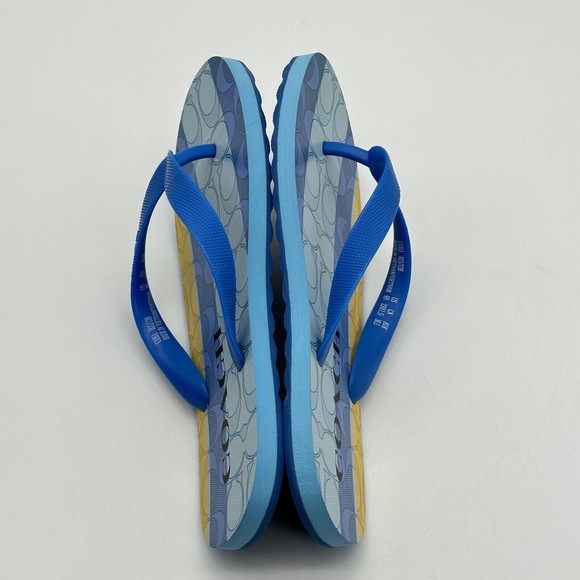 NWOT Coach Logo Zak Beach Thong Flip Flop Sandals Blue/Yellow Women’s Size 6 B - Picture 8 of 16